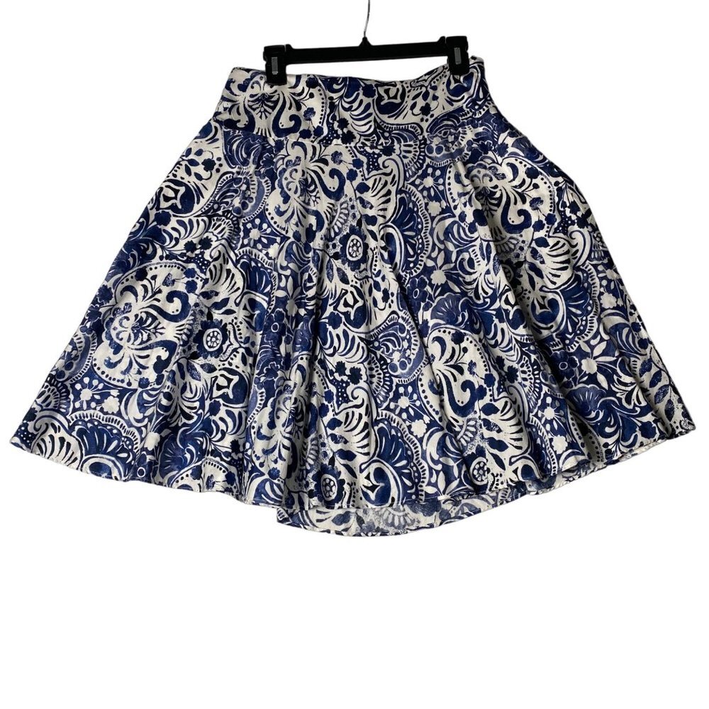 Lauren Ralph Lauren‎ Women White Navy Damask Pockets Pleated Modest Skirt Sz 6
